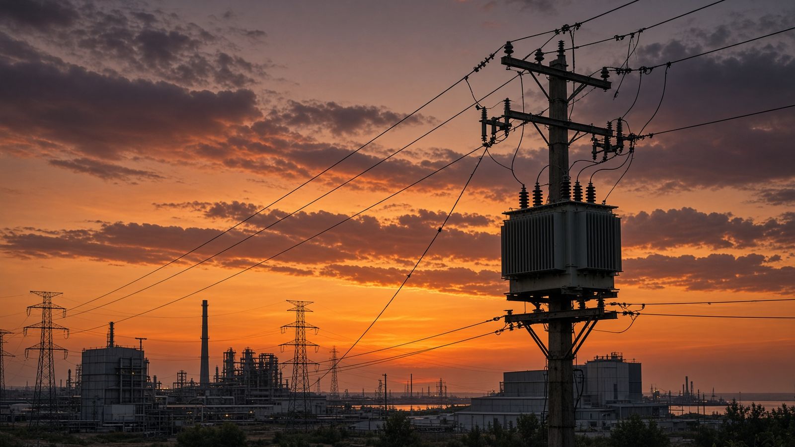 Poste sa kuryente nga naay transformer ug mga wire samtang sunset, planta sa likod