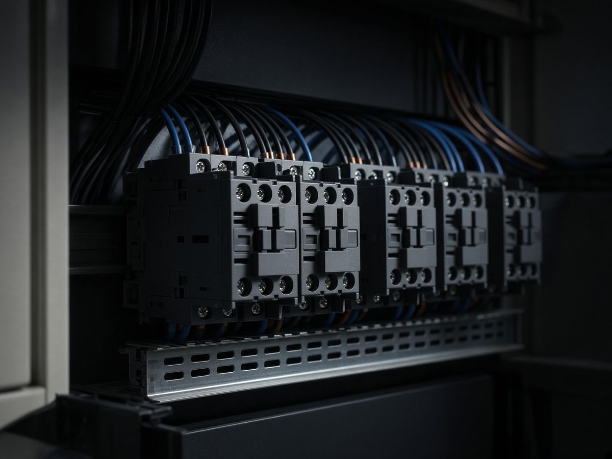 Laray sa contactors sa DIN rail nga naay asul ug itom nga wiring